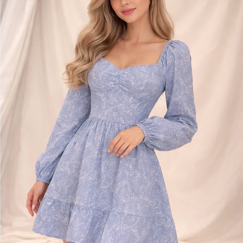 Hollister Light Blue Floral Long-Sleeve Mini Dress